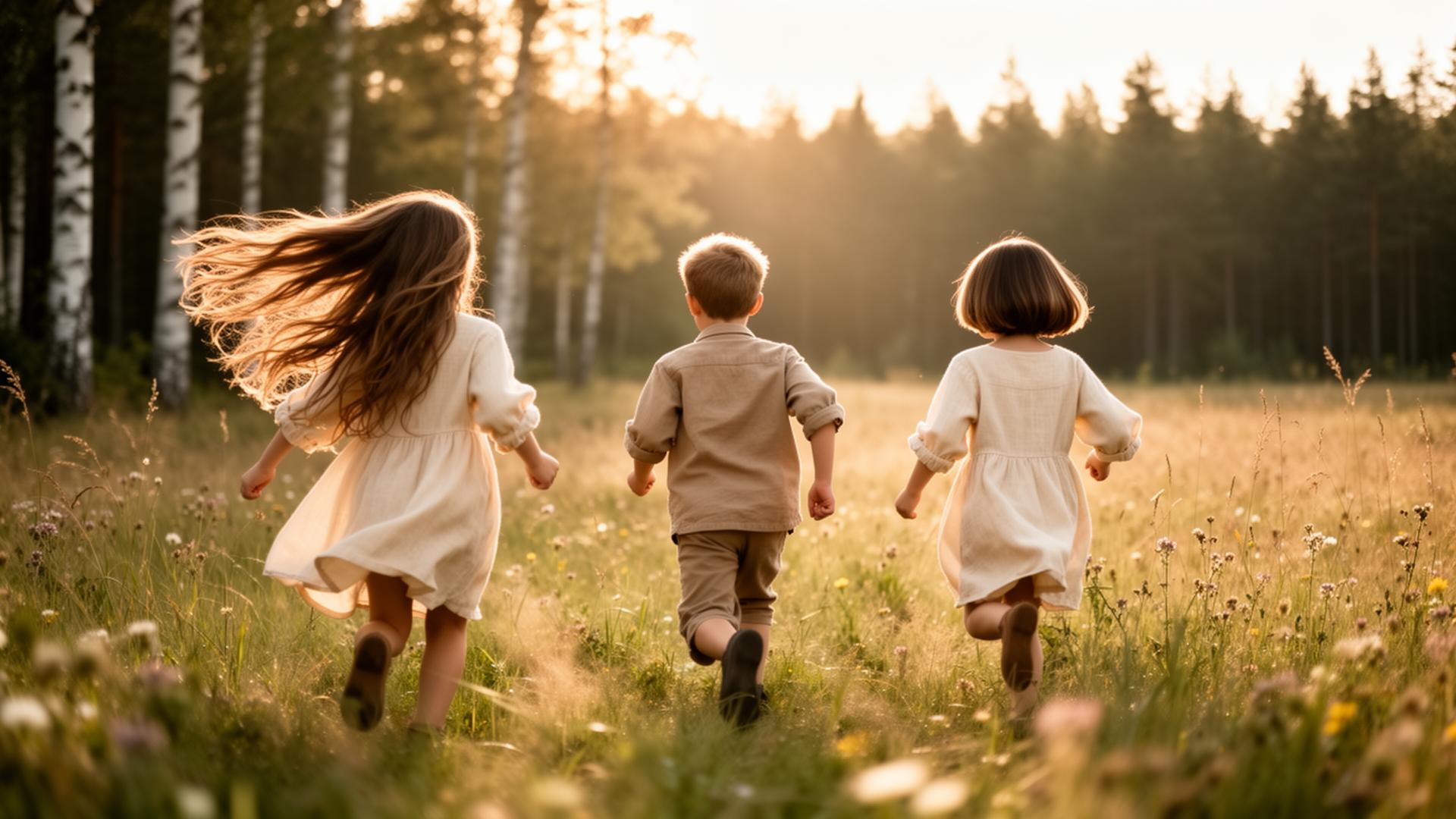 Three children running through a sunlit Nordic meadow at golden hour